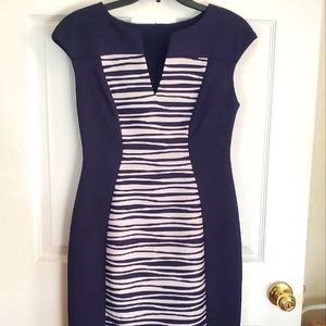 GUC Dark Blue & White Textured Poly Business Dress Thick Material Sz 6